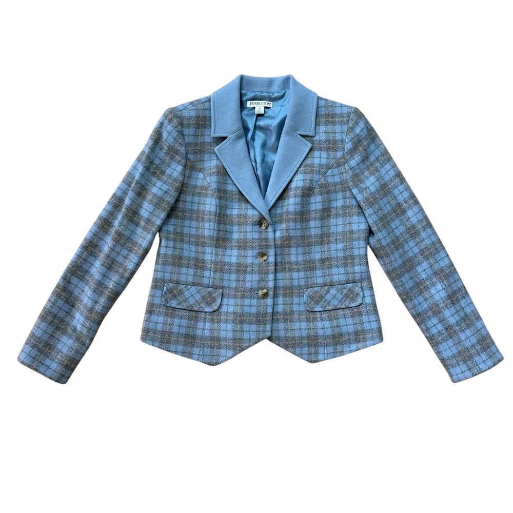 Vintage Pendleton Blue Plaid Wool Blazer Notched Lapel Women's Medium